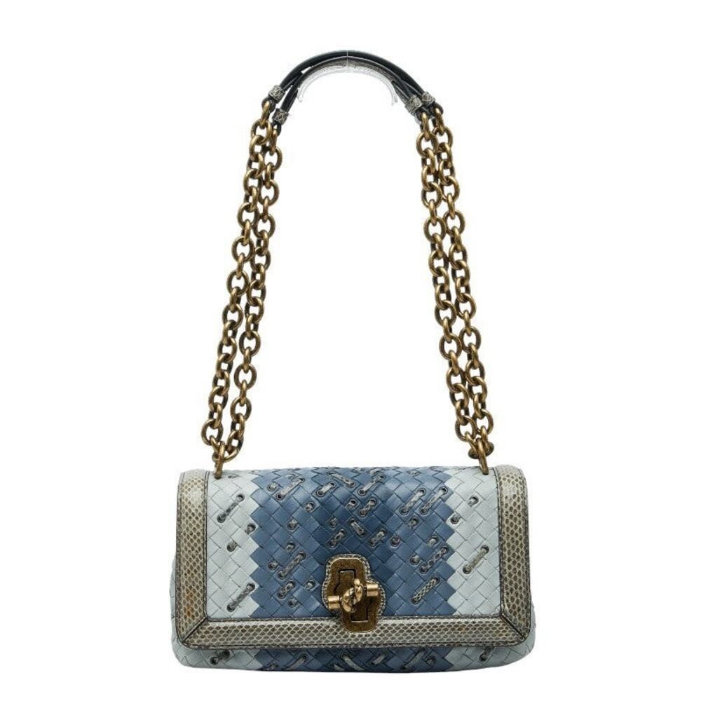 Bottega Veneta Olympia Chain Shoulder Bag Intrecciato Blue
